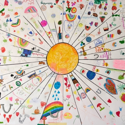 Gemaltes Bild: Sonne mit vielen Glückssymbolen