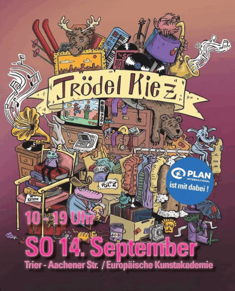 Ein gezeichnetes Plakat zur Ankündigung des Trödelmarktes