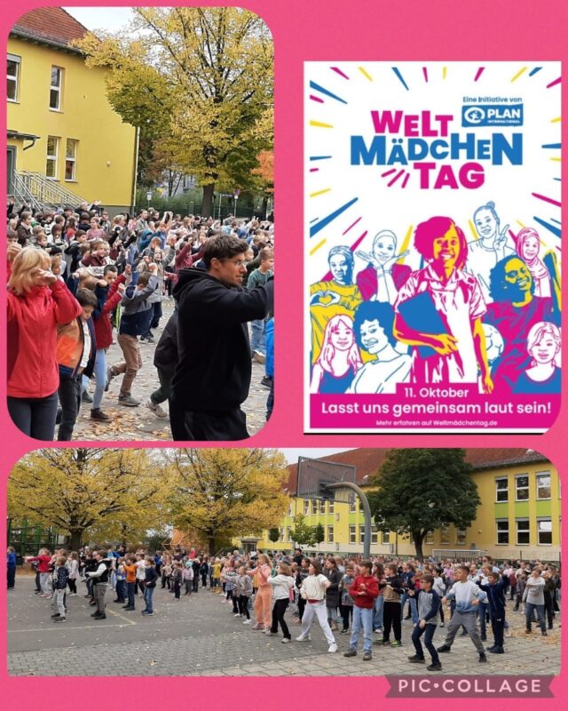 Eine Collage mit einer Gruppe von Menschen, hauptsächlich Mädchen, die vor einer Schule mit Herbstbäumen tanzen. Darüber ist ein buntes Plakat mit der Aufschrift "Welt Mädchen Tag, 11. Oktober. Lasst uns gemeinsam laut sein!" mit illustrierten Mädchen, die den Girls' Day feiern. Rosa Hintergrund.