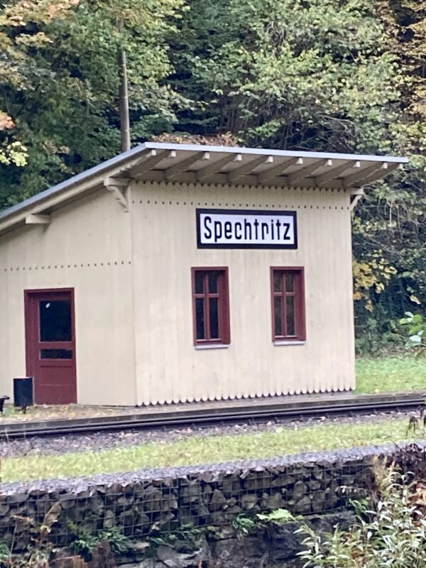 Ein kleines beigefarbenes Bahnhofsgebäude mit der Aufschrift Spechtritz steht neben den Bahngleisen, umgeben von grünem Gras und Bäumen mit Herbstlaub. Das Gebäude hat eine rote Tür, zwei Fenster und ein einfaches Schrägdach.