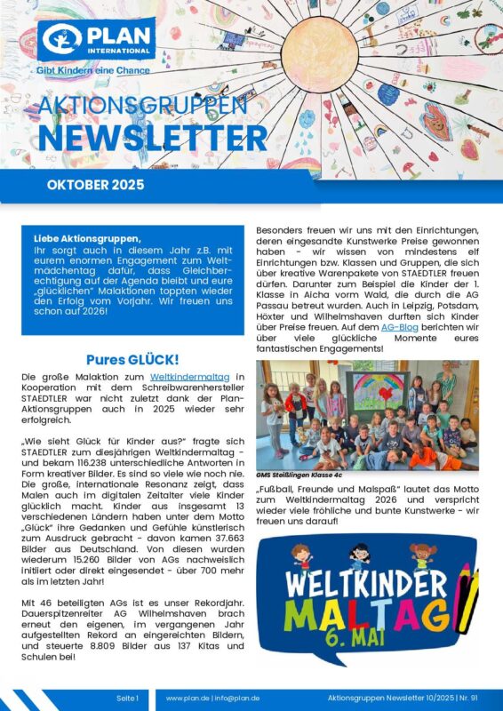 Ein farbenfroher deutscher Newsletter mit der Aufschrift "Aktionsgruppen Newsletter" und "Oktober 2025" am oberen Rand. Darunter ein Text über den Einsatz für Kinderrechte, Kunstaktivitäten und ein Foto von drei lächelnden Kindern, die ein rundes Schild mit der Aufschrift "Weltkindermaltag" halten.