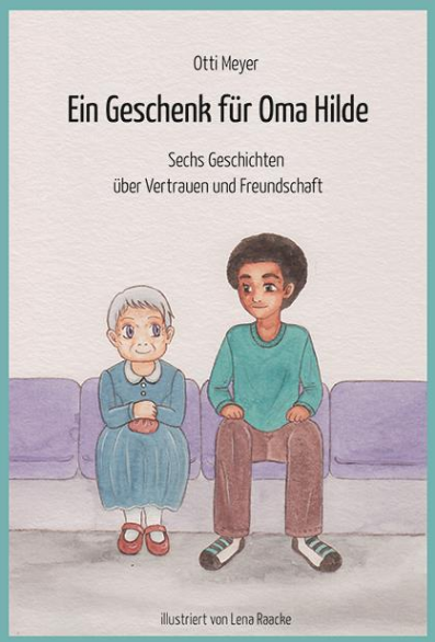 Buchumschlagillustration für Ein Geschenk für Oma Hilde. Eine ältere Frau mit grauem Haar und einem blauen Kleid sitzt auf einer Bank neben einem Jungen mit mittelbrauner Haut und lockigem Haar, der einen grünen Pullover und eine braune Hose trägt. Beide blicken nach vorne, hinter ihnen ein sanfter lila Hintergrund.
