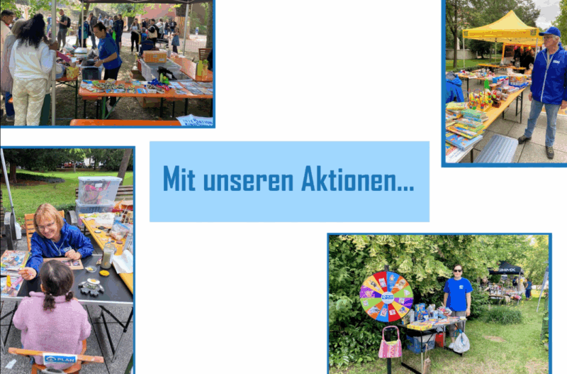 Eine Collage aus vier Fotos von Veranstaltungen im Freien: Menschen stehen an Tischen mit Büchern und Spielen, eine Frau malt einem Kind das Gesicht, und ein Mann steht an einem bunten Spinnrad. In der Mitte steht in blauer Schrift "Mit unseren Aktionen..." auf weißem Hintergrund.