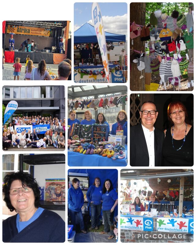 Eine Collage, die eine Festivalbühne, Marktstände mit Kunsthandwerk und Spielzeug, Gruppenfotos lächelnder Menschen, Stände mit blauen Plan International-Bannern, zwei Personen in Abendgarderobe und Aktivitäten im Freien zeigt, die alle eine Gemeinschaftsveranstaltung darstellen.
