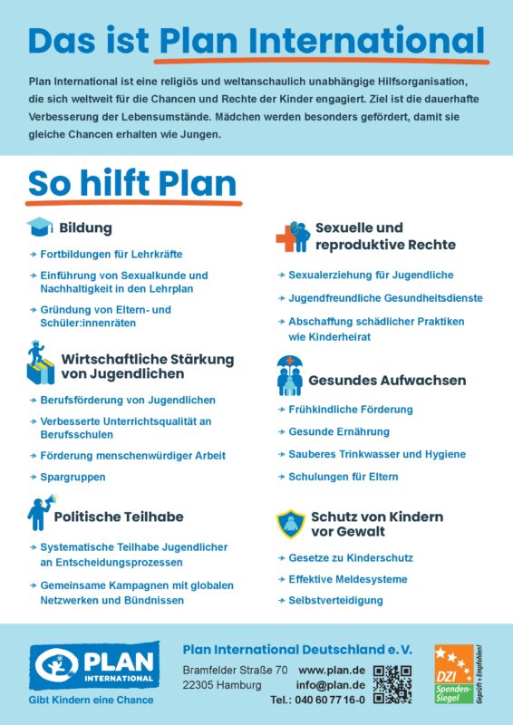 Plakat in deutscher Sprache für Plan International, eine Kinderhilfsorganisation. Es hat einen blauen und weißen Hintergrund mit Symbolen, die die Bereiche der Hilfe beschreiben: Bildung, Rechte, wirtschaftliche Stärkung, gesunde Erziehung, politische Beteiligung und Schutz vor Gewalt. Das Plan-Logo befindet sich unten.