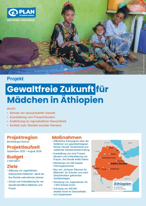 Eine Mutter sitzt mit ihren drei kleinen Kindern auf einer Bodenmatte in einem einfach eingerichteten Zimmer mit buntem Bettzeug. Die folgende Infografik beschreibt ein Projekt von Plan International für Mädchen in Äthiopien mit einer Karte, den Zielen, dem Budget und den Projektdetails.
