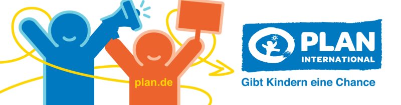 Zwei stilisierte Figuren, eine blaue mit einem Megaphon und eine orangefarbene, die ein Schild mit der Aufschrift plan.de hält, erscheinen neben dem Logo von Plan International. Der deutsche Text lautet Gibt Kindern eine Chance. Gelbe Linien verbinden die Figuren.