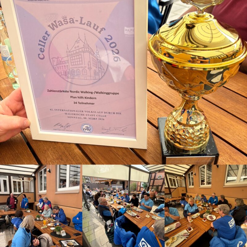 Eine Collage aus sechs Bildern: eine gerahmte Urkunde für den Celler Wasa-Lauf 2026, eine goldene Trophäe und vier Fotos von Menschen in blauen Jacken, die an Tischen sitzen und in einem überdachten Essbereich im Freien essen und sich unterhalten.