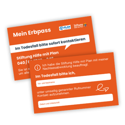 Zwei orangefarbene Karten mit deutschem Text. Auf der oberen Karte steht Mein Erbpass und Im Todesfall bitte sofort kontaktieren mit den Kontaktdaten der Stiftung Hilfe mit Plan. Die untere Karte enthält Felder für den Namen, die Unterschrift und die Bestätigung der Beauftragung der Nachlassverwaltung.