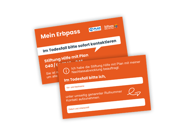 Zwei orangefarbene Karten mit deutschem Text. Auf der oberen Karte steht Mein Erbpass und Im Todesfall bitte sofort kontaktieren mit den Kontaktdaten der Stiftung Hilfe mit Plan. Die untere Karte enthält Felder für den Namen, die Unterschrift und die Bestätigung der Beauftragung der Nachlassverwaltung.