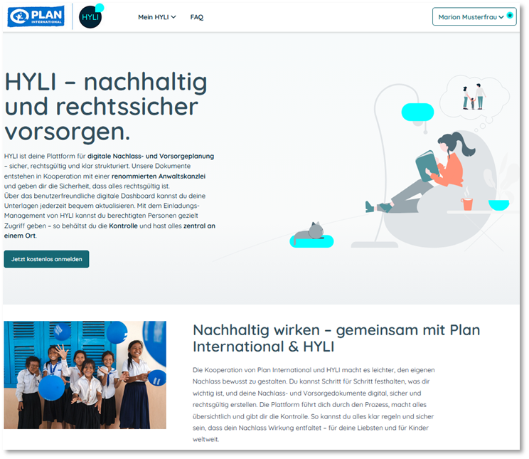 Screenshot einer Website, die oben HYLI - nachhaltig und rechtssicher vorsorgen zeigt. Die Seite ist in den Farben Weiß, Blau und Türkis gehalten. Auf der linken Seite befindet sich ein Text über digitale Planung, auf der rechten Seite eine Zeichnung einer Person mit Pflanzen und Dokumenten. Darunter befindet sich ein Abschnitt mit Schülern, die blaue Luftballons halten.