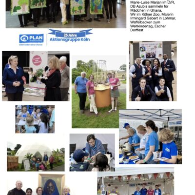 Eine Fotocollage zeigt Menschen bei verschiedenen Veranstaltungen: Kinder mit Bildern, Gruppen an Infotischen, Menschen bei Präsentationen, Aktivitäten im Freien, Mitarbeiter in Uniform und Stände mit Kunsthandwerk. Das Logo "PLAN Aktionsgruppe Köln" und eine Liste von Kampagnenaktionen erscheinen auf der Seite.