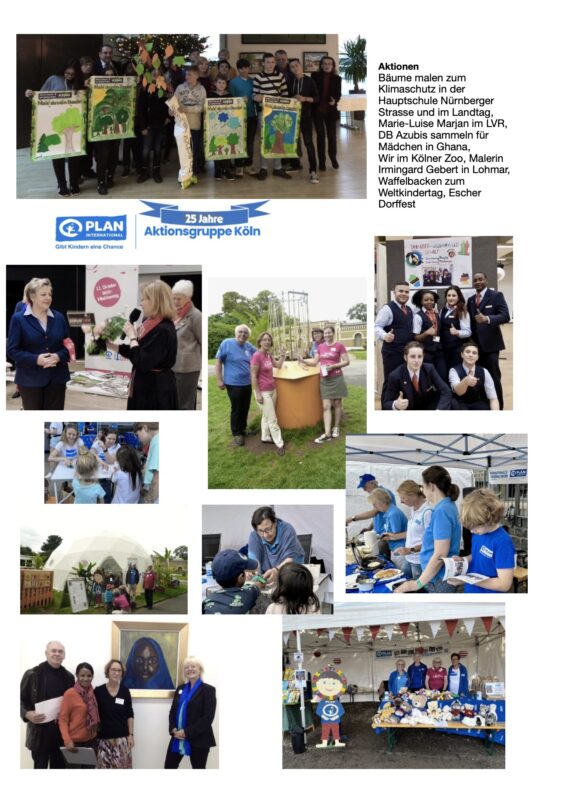 Eine Fotocollage zeigt Menschen bei verschiedenen Veranstaltungen: Kinder mit Bildern, Gruppen an Infotischen, Menschen bei Präsentationen, Aktivitäten im Freien, Mitarbeiter in Uniform und Stände mit Kunsthandwerk. Das Logo "PLAN Aktionsgruppe Köln" und eine Liste von Kampagnenaktionen erscheinen auf der Seite.