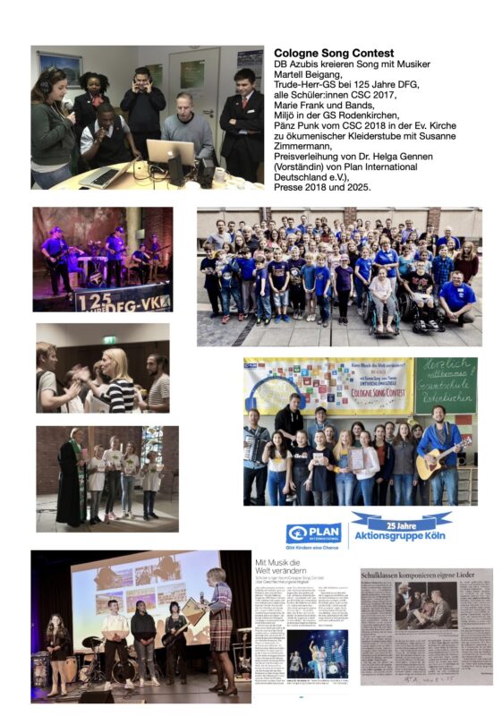 Eine Fotocollage, die musikalische Darbietungen und Gruppenaktivitäten zeigt: Musiker spielen Gitarre und Schlagzeug, Gruppen von Menschen posieren mit Instrumenten, Kinder und Erwachsene singen, und auf der Bühne finden Veranstaltungen statt. Der Text hebt den Cologne Song Contest und damit verbundene Veranstaltungen hervor.