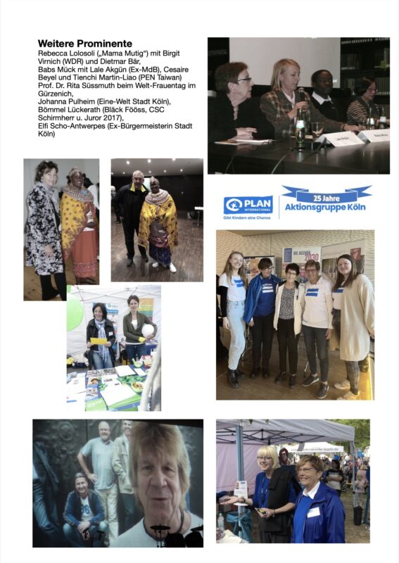 Eine Collage von Veranstaltungsfotos: Frauen und Männer, die in Gruppen lächeln, einige an einem Stand, andere in einem Raum mit Bannern. Die Logos von 25 Jahre Aktionsgruppe Köln und PLAN sind zu sehen. Der Text listet namhafte Frauen und ihre Titel auf. Die Fotos zeigen Kameradschaft und Feiern.