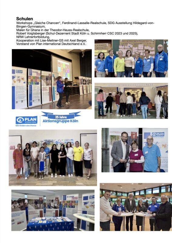 Eine Collage mit Fotos von Veranstaltungen von Plan International: Menschen diskutieren an Ständen, zeigen Plakate, posieren in Gruppen, präsentieren in Klassenzimmern und verteilen Materialien. Das Plan International-Logo und das Banner "25 Jahre Aktionsgruppe Köln" erscheinen in Blau.