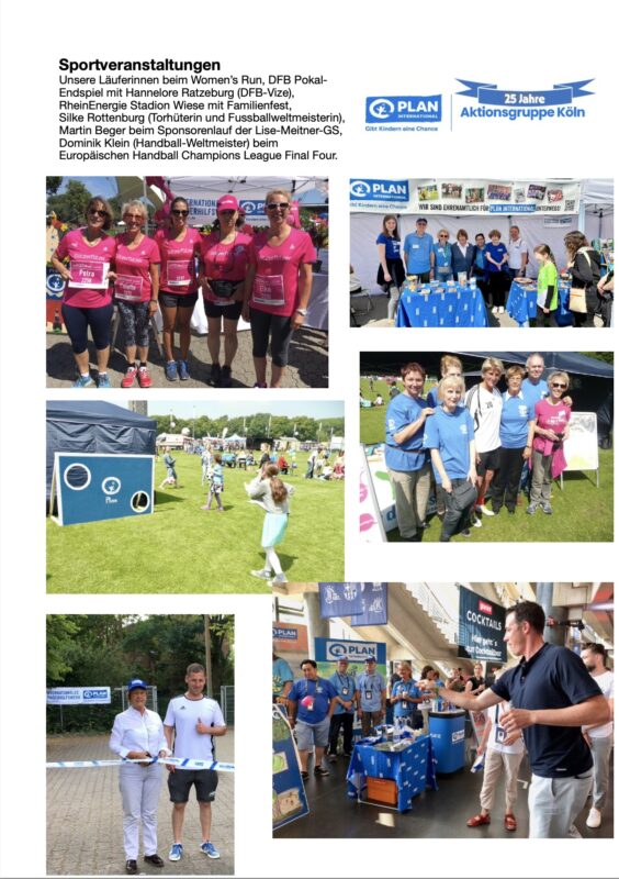 Eine Collage zeigt Frauen in Sportkleidung, die bei Veranstaltungen posieren, Gruppenfotos mit Plan International-Bannern, Menschen an Informationstischen und Teilnehmer, die sich im Freien mit Besuchern unterhalten und das 25-jährige Bestehen von Plan Köln bei verschiedenen Sportaktivitäten feiern.