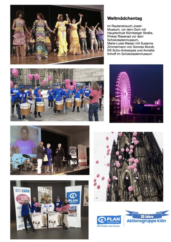 Eine Collage von Ereignissen: tanzende Mädchen auf der Bühne, trommelnde Menschen in blauen Hemden, ein rosa beleuchtetes Riesenrad, eine Frau, die auf einem Podium spricht, rosa Luftballons am Kölner Dom und Gruppen mit Luftballons oder Schildern zum 25-jährigen Jubiläum von Plan International in Köln.