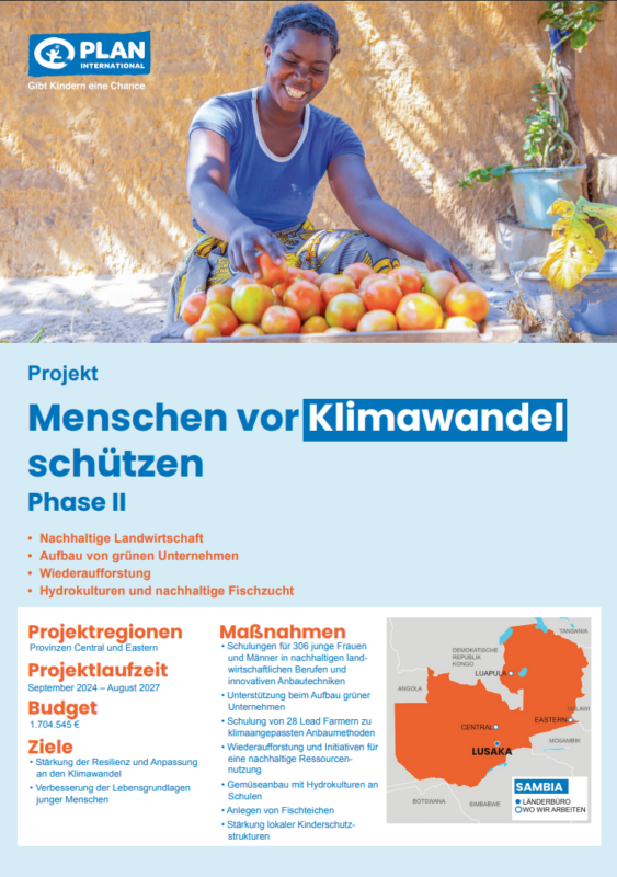 Eine lächelnde Frau in einem bunten Kleid sortiert rote Chilischoten im Freien. Unter ihr beschreibt ein Text ein Klimaschutzprojekt in Sambia mit Zielen, Regionen, Budget, Maßnahmen und einer orangefarbenen Karte, die die Zielgebiete markiert. Oben ist das Logo von Plan International zu sehen.