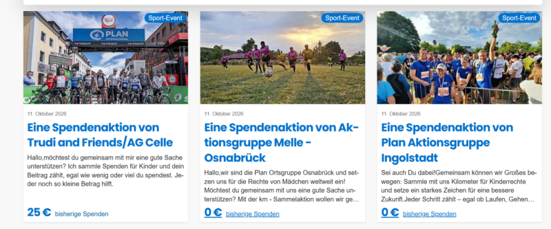 Drei blau umrandete Karten zeigen Fundraising-Veranstaltungen mit Fotos: eine Gruppe an der Startlinie, ein Fußballspiel auf einer grünen Wiese und eine weitere Gruppe, die sich im Freien trifft. Jede Karte enthält einen Titel, das Datum der Veranstaltung, eine kurze Beschreibung und eine blaue Spendentaste darunter.
