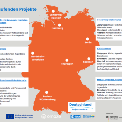 Auf einer Karte von Deutschland sind die Bundesländer hervorgehoben. In den umgebenden Feldern werden Projekte von Plan International beschrieben, die sich für die psychische Gesundheit von Kindern, die Traumabewältigung, sichere Räume, digitale Bildung und die Beteiligung von Jugendlichen einsetzen; unten links sind die Logos der Sponsoren zu sehen. Die Projektstandorte sind auf der Karte markiert.