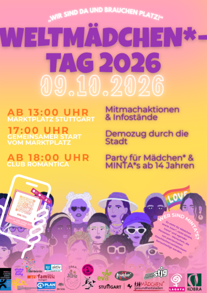 Farbenfrohes Plakat zum Weltmädchen*-Tag 2026 am 9. Oktober in Stuttgart. Darauf sind Veranstaltungszeiten, Aktivitäten und Partnerlogos aufgeführt. Im unteren Bereich sind Mädchen und Jugendliche mit unterschiedlichen Hautfarben und Stilen abgebildet, die Schilder und eine Pride-Flagge in den Händen halten.