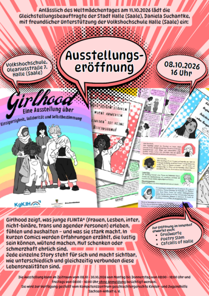 Farbenfrohes Ausstellungsplakat mit Text und Comic-Illustrationen. In der Sprechblase in der Mitte steht „Ausstellungseröffnung“. Die Zeichnungen im Comic-Stil zeigen verschiedene Menschen. Die Veranstaltungsdetails – 8. Oktober 2026, 16:00 Uhr, VHS Halle, Oleariusstraße 7 – sind angegeben, und am unteren Rand ist ein aufgeschlagenes Comic-Heft abgebildet.