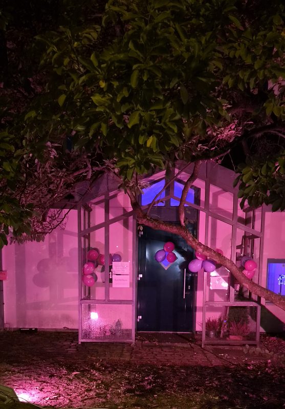 Eine dunkelblaue Tür eines Gebäudes wird von einer verglasten Konstruktion eingerahmt und von leuchtend rosa Licht beleuchtet. An der Glasscheibe sind Gruppen von rosa und violetten Luftballons befestigt, und nachts ragt ein großer Baum mit dunklen Blättern über den Eingang.