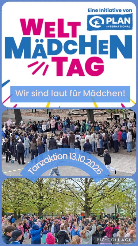 Eine Collage zeigt Kinder, die sich im Rahmen einer Veranstaltung zum Welt-Mädchentag in einem Park versammelt haben. Der Text auf den Bildern kündigt eine Tanzaktion am 13. Oktober 2026 an und lautet: Wir setzen uns lautstark für Mädchen ein. Die Kinder stehen in einer großen Gruppe zusammen, wobei einige von ihnen im Freien tanzen.