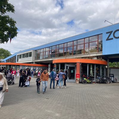 Menschen spazieren über einen gepflasterten Platz vor einem blauen Gebäude, auf dessen Dach das Wort ZOO zu lesen ist. Eine Frau im Vordergrund stützt sich auf einen Gehstock, während sich andere, darunter Familien mit Kinderwagen und abgestellten Fahrrädern, am orangefarbenen Eingang versammeln.